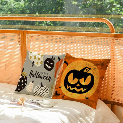 Set of 4 Halloween Pillow Covers 18X18 Inch Trick or Treat Pumpkin Decor Throw Pillow Covers Black Halloween Cushion Covers Linen Square Pillow Cases for Home Outdoor Sofa Couch (18 by 18)