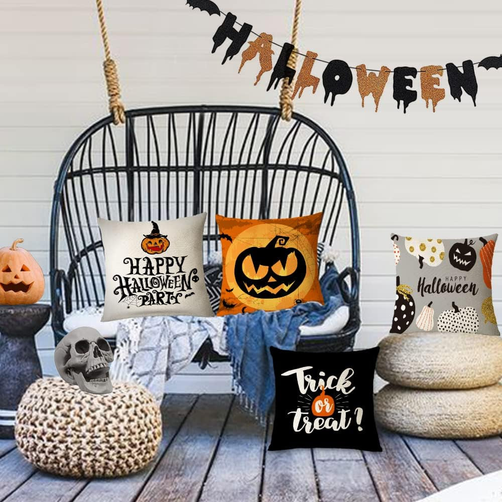 Set of 4 Halloween Pillow Covers 18X18 Inch Trick or Treat Pumpkin Decor Throw Pillow Covers Black Halloween Cushion Covers Linen Square Pillow Cases for Home Outdoor Sofa Couch (18 by 18)