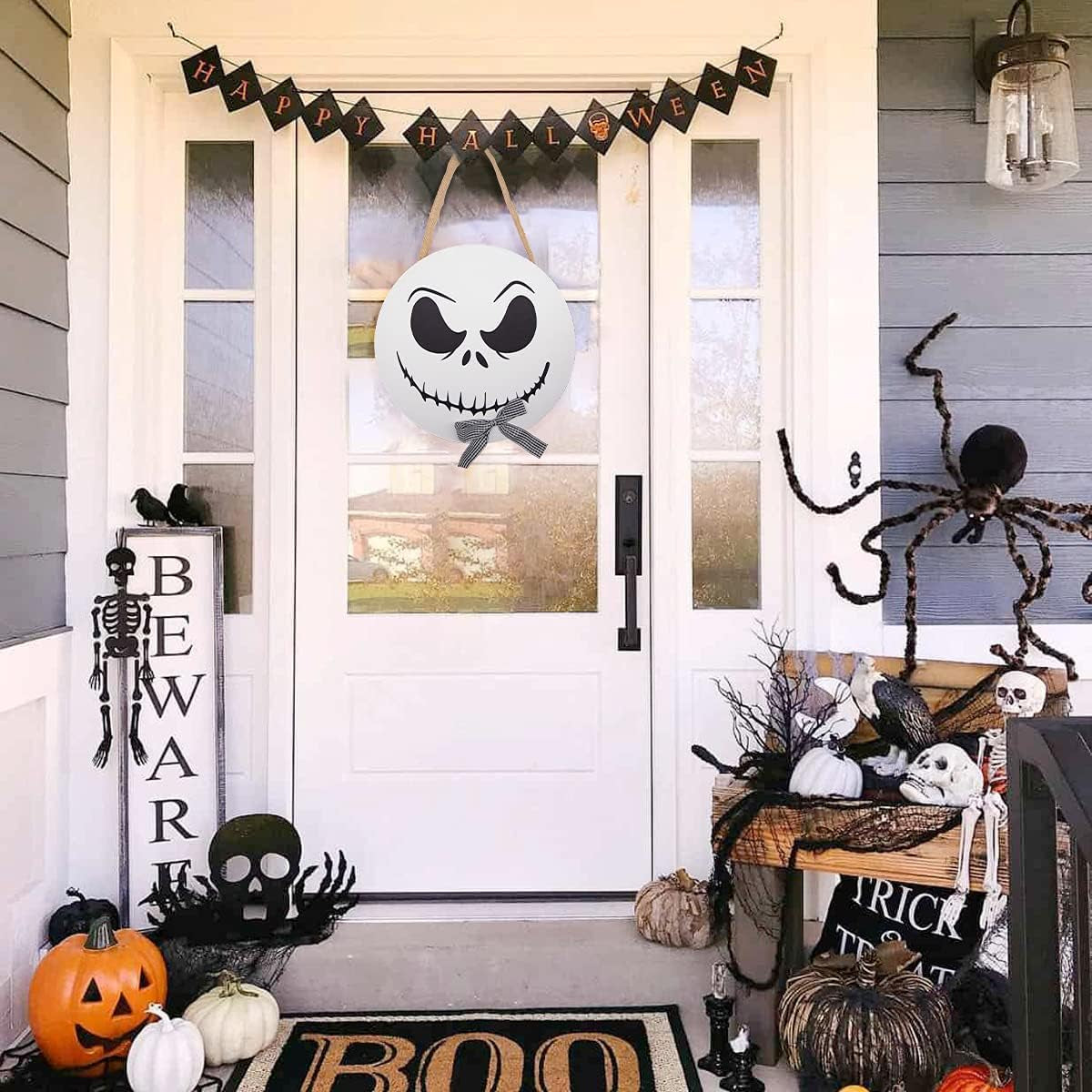 Nightmare before Christmas Halloween Decorations - 12'' Wooden Jack Skellington Door Hanger - Halloween Welcome Sign for Front Door - Halloween Wreath - Farmhouse Halloween Decor