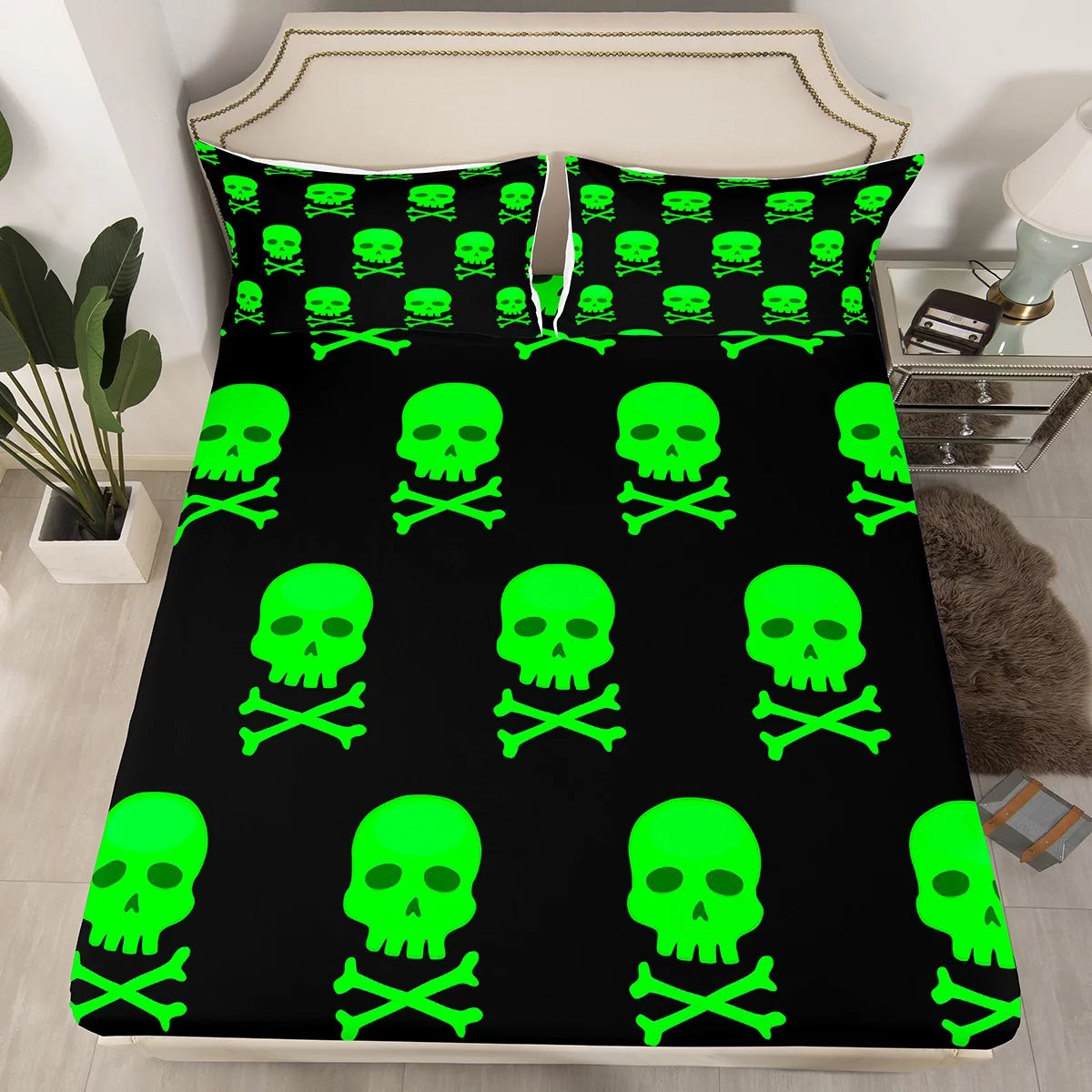 Skull Sheet Set Halloween Bedding Set Gothic Skull Skeleton Bed Sheets Set Black Full Skeleton Head Bed Set for Young Man Teenagers Boys, 1 Top Sheet 1 Fitted Sheet 2 Pillowcases