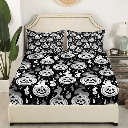 Happy Halloween Bed Set Pumpkin Lantern Bed Sheets Set Gradient Ghost Fire Sheet Set King Black White Grey Sheets, Horror Spooky Top Sheet Microfiber Room Decor