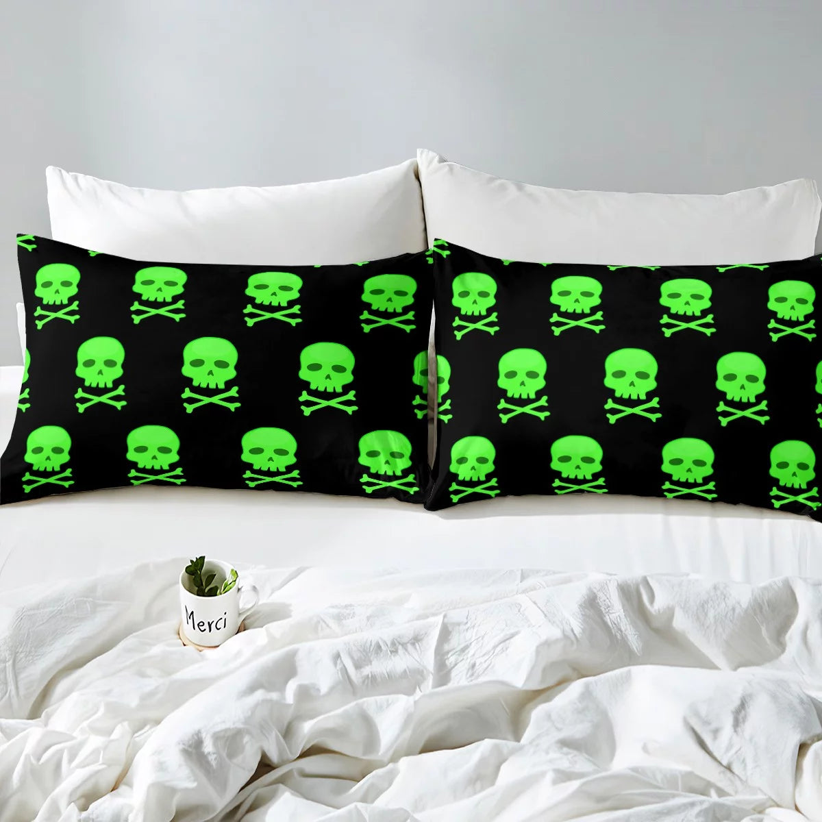 Skull Sheet Set Halloween Bedding Set Gothic Skull Skeleton Bed Sheets Set Black Full Skeleton Head Bed Set for Young Man Teenagers Boys, 1 Top Sheet 1 Fitted Sheet 2 Pillowcases