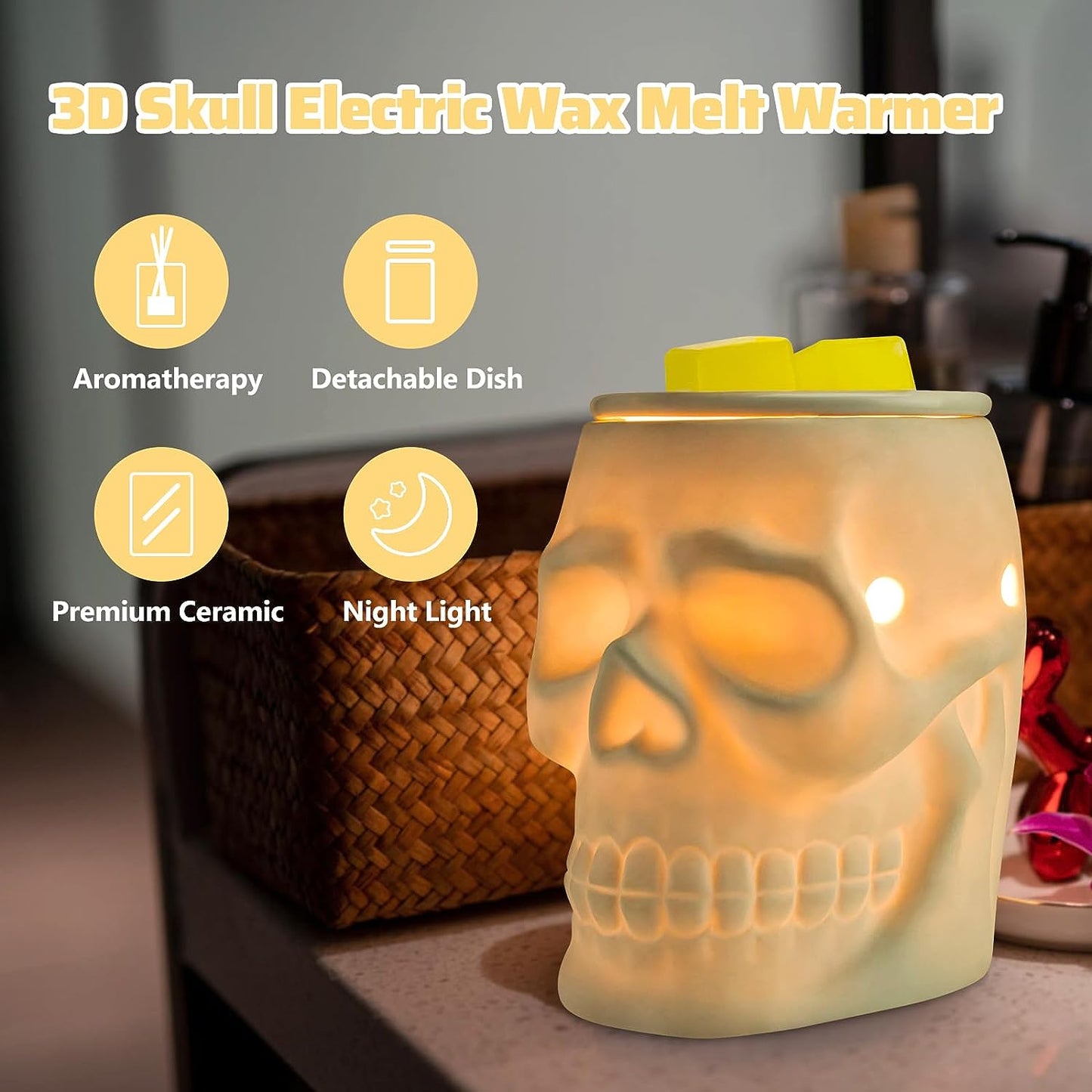 Skull Wax Melt Warmer, Ceramic Electric Fragrance Wax Warmer for Scented Wax Oil Wax Melter Burner for Home Decor/Office/Living Room,Two Bulbs Packed, Halloween Collection- Resurgent Skull