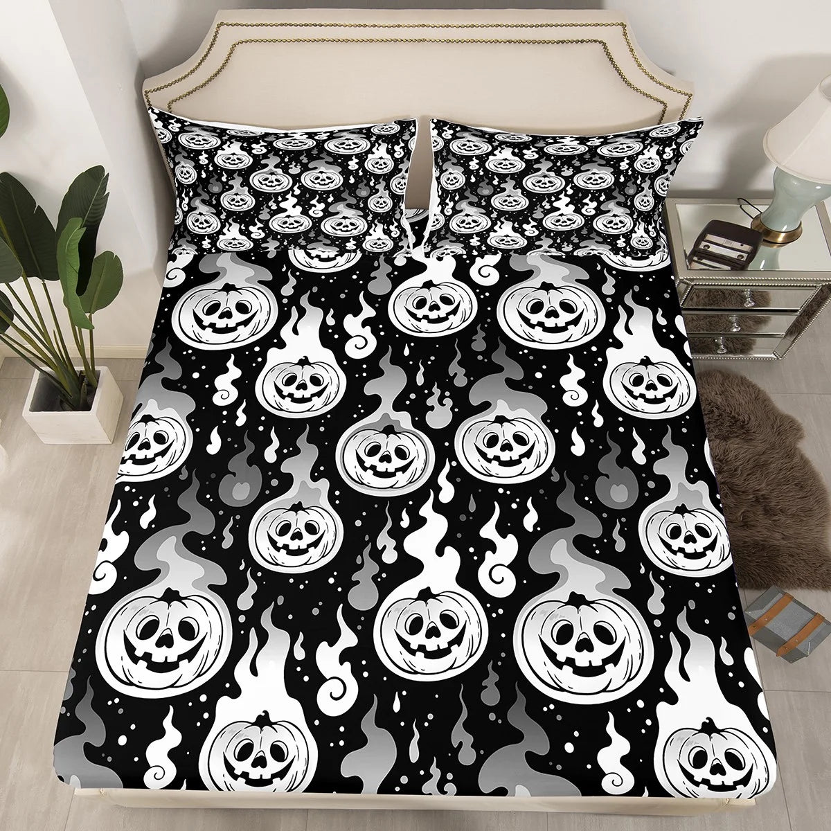 Happy Halloween Bed Set Pumpkin Lantern Bed Sheets Set Gradient Ghost Fire Sheet Set King Black White Grey Sheets, Horror Spooky Top Sheet Microfiber Room Decor