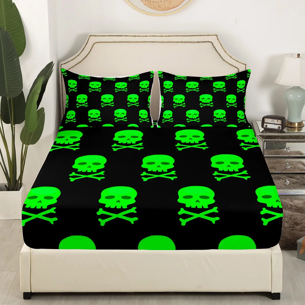 Skull Sheet Set Halloween Bedding Set Gothic Skull Skeleton Bed Sheets Set Black Full Skeleton Head Bed Set for Young Man Teenagers Boys, 1 Top Sheet 1 Fitted Sheet 2 Pillowcases