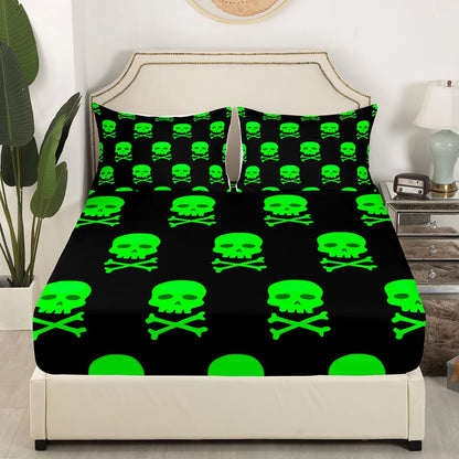 Skull Sheet Set Halloween Bedding Set Gothic Skull Skeleton Bed Sheets Set Black Full Skeleton Head Bed Set for Young Man Teenagers Boys, 1 Top Sheet 1 Fitted Sheet 2 Pillowcases