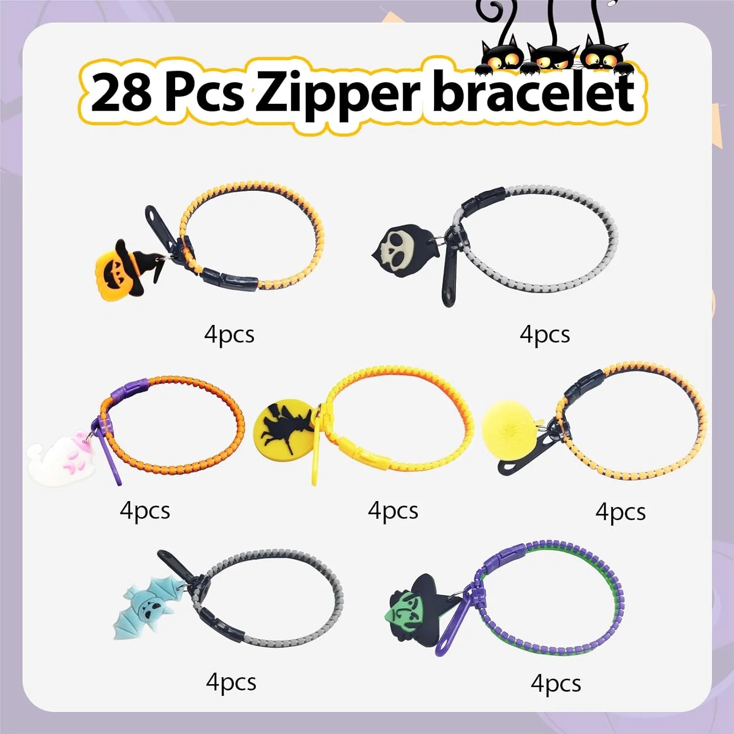 Kids Halloween Party Favors Zipper Bracelets, 28 Pack Glow in the Dark Halloween Zipper Wristbands for Kids Halloween Gifts, Halloween Giveaways, Halloween Goodie Bag Fillers, Kids Halloween