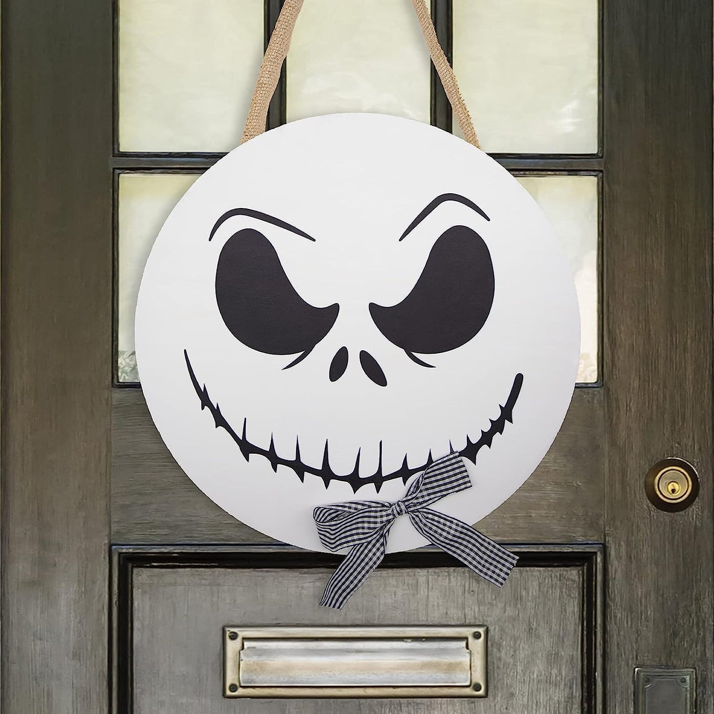 Nightmare before Christmas Halloween Decorations - 12'' Wooden Jack Skellington Door Hanger - Halloween Welcome Sign for Front Door - Halloween Wreath - Farmhouse Halloween Decor