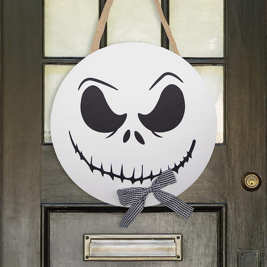 Nightmare before Christmas Halloween Decorations - 12'' Wooden Jack Skellington Door Hanger - Halloween Welcome Sign for Front Door - Halloween Wreath - Farmhouse Halloween Decor