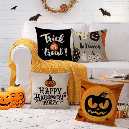 Set of 4 Halloween Pillow Covers 18X18 Inch Trick or Treat Pumpkin Decor Throw Pillow Covers Black Halloween Cushion Covers Linen Square Pillow Cases for Home Outdoor Sofa Couch (18 by 18)