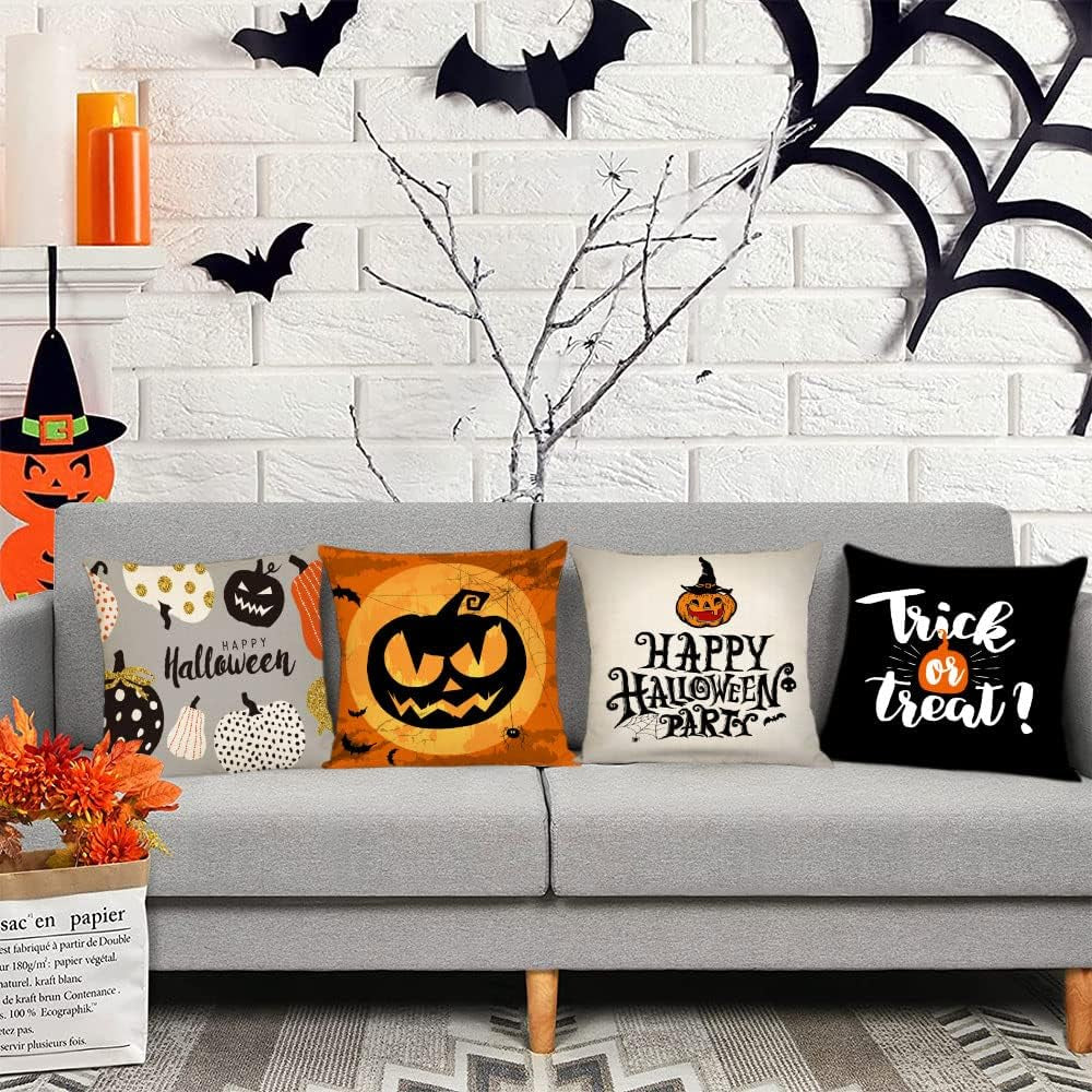 Set of 4 Halloween Pillow Covers 18X18 Inch Trick or Treat Pumpkin Decor Throw Pillow Covers Black Halloween Cushion Covers Linen Square Pillow Cases for Home Outdoor Sofa Couch (18 by 18)