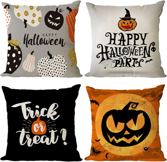 Set of 4 Halloween Pillow Covers 18X18 Inch Trick or Treat Pumpkin Decor Throw Pillow Covers Black Halloween Cushion Covers Linen Square Pillow Cases for Home Outdoor Sofa Couch (18 by 18)